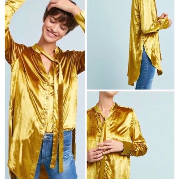 NWOT Anthropologie Maeve Velour Velvet Tunic Long Sleeve Button Up Size 4 Gold‎ - Picture 1 of 8